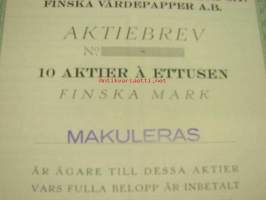 Suomalaisia Arvopapereita Oy, Helsinki, 10 000 mk -osakekirja