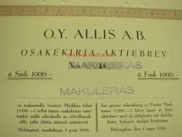 Oy Allis Ab, Helsinki 1938, 1 000 mk -osakekirja