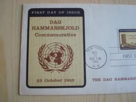 Dag Hammarskjöld Foundation, YK, United Nations, 1962, USA, ensipäiväkuori, FDC, harvinaisempi kuorimalli. Katso myös muut kohteeni.