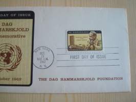 Dag Hammarskjöld Foundation, YK, United Nations, 1962, USA, ensipäiväkuori, FDC, harvinaisempi kuorimalli. Katso myös muut kohteeni.