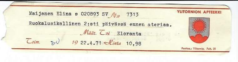 Ylitornion Apteekki Ylitornio resepti apteekkisignatuuri  1971