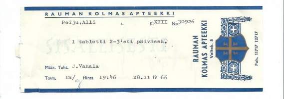 Rauman Kolmas Apteekki Rauma resepti apteekkisignatuuri  1966