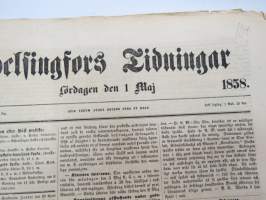 Helsingfors Tidningar, Lördagen den 1 Maj 1858, Nr 34., innehåller bl. a. följande artiklar / annonser;