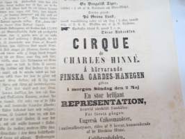 Helsingfors Tidningar, Lördagen den 1 Maj 1858, Nr 34., innehåller bl. a. följande artiklar / annonser;