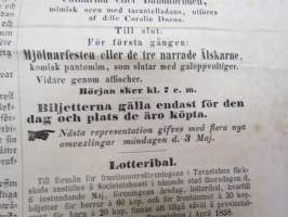 Helsingfors Tidningar, Lördagen den 1 Maj 1858, Nr 34., innehåller bl. a. följande artiklar / annonser;