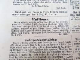 Helsingfors Tidningar, Lördagen den 1 Maj 1858, Nr 34., innehåller bl. a. följande artiklar / annonser;