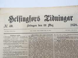 Helsingfors Tidningar, Lördagen den 22 Maj 1858, Nr 40., innehåller bl. a. följande artiklar / annonser;