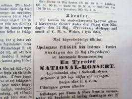 Helsingfors Tidningar, Lördagen den 22 Maj 1858, Nr 40., innehåller bl. a. följande artiklar / annonser;