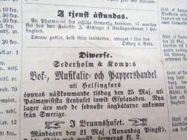 Helsingfors Tidningar, Lördagen den 22 Maj 1858, Nr 40., innehåller bl. a. följande artiklar / annonser;