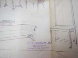 Huonekalupiirustus arviolta 1920-luvulta, kertaustyylejä, leimattu &quot;Oy J. H. Kiviranta Ab - Turku&quot; -furniturre drawings