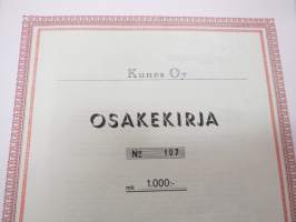 Kunes Oy, Rovaniemi, 1 000 mk, osakekirja nr 107, omistaja Rovaniemen Konepaja Ky, 24.3.1974 -share certificate
