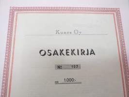 Kunes Oy, Rovaniemi, 1 000 mk, osakekirja nr 107, omistaja Rovaniemen Konepaja Ky, 24.3.1974 -share certificate