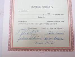 Kunes Oy, Rovaniemi, 1 000 mk, osakekirja nr 107, omistaja Rovaniemen Konepaja Ky, 24.3.1974 -share certificate