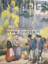 Kotiliesi 1934 nr 19 lokakuu kansi Martta Wendelin aiheena Jukolan veljekset, Venla ja Männistön muori. Ajankuvaa ja mainoksia vuodelta 1934, mm Silo-Kerrasto