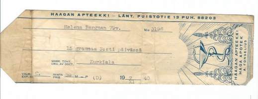 Haagan Apteekki  A Fonselius - resepti  signatuuri  1940