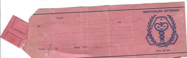 Mäntsälän Apteekki Tampere - resepti  signatuuri  1970