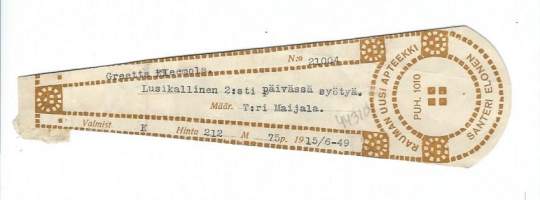 Rauman Uusi  Apteekki  - resepti  signatuuri  1949