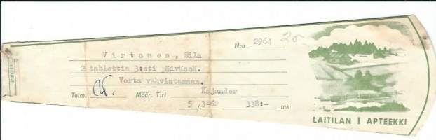 Laitilan I Apteekki  - resepti  signatuuri  1962
