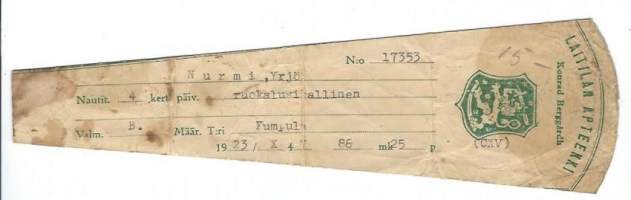 Laitilan  Apteekki  Konrad Berggårdh - resepti  signatuuri  1923
