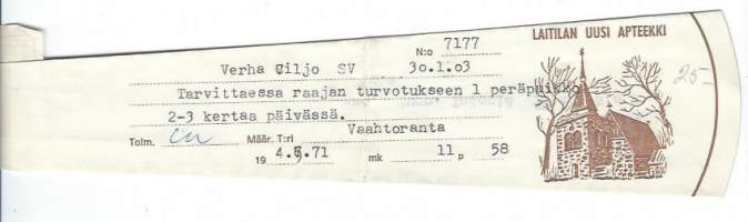 Laitilan  Uusi Apteekki    - resepti  signatuuri  1971
