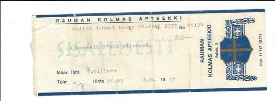 Rauman Kolmas Apteekki  - resepti  signatuuri  1967