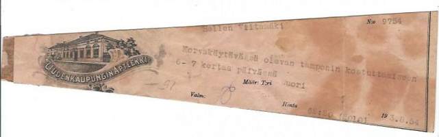 Uudenkaupungin  Apteekki    - resepti  signatuuri  1954