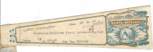 Ensimmäinen Apteekki Raumalla Kanta-Apteekki    - resepti  signatuuri  1942