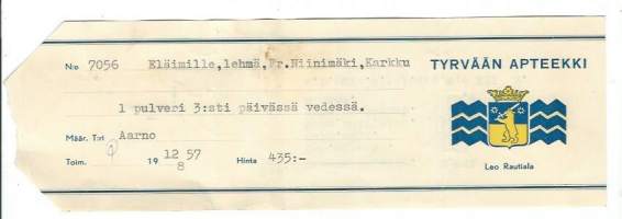 Tyrvään Apteekki    - resepti  signatuuri  1957