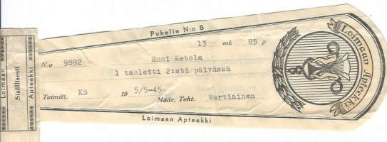 Loimaan Apteekki    - resepti  signatuuri  1945