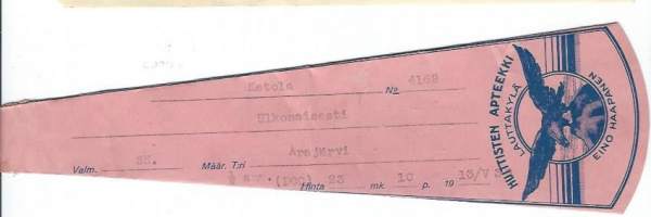 Huittisten  Apteekki Eino Haapanen   - resepti  signatuuri  1939