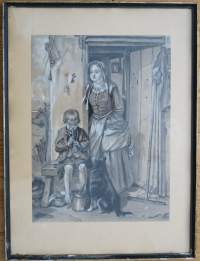 Vanha taulu, &quot; Huilua soittava poika&quot; ei signeerausta   , 47x35 cm