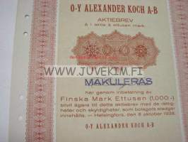 O-Y Alexander Koch A-B, Helsinki 1928, 1 000 mk -osakekirja