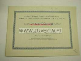 Suomen Paperi- ja Puutavaralehti Oy, Helsinki 1937, 1 000 mk -osakekirja