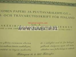 Suomen Paperi- ja Puutavaralehti Oy, Helsinki 1937, 1 000 mk -osakekirja