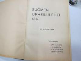 Suomen Urheilulehti 1902 - 5. vuosikerta, sidottu kirjaksi, sisällysluettelo näkyy kohteen runsaista kuvista -sports magazine, annual volume