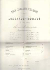 Turun Suomalainen Jatko-Opisto 1907  - todistus