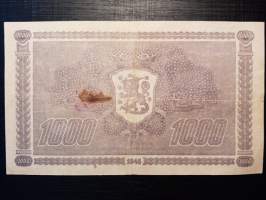 Suomen Pankki 1000 markkaa 1945, Litt. B, allekirjoitukset Paavo Raittinen, Arthur Aspelund