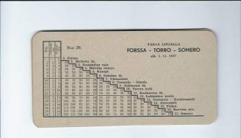 Taksa linjalla  Nr 29  Forssa - Torro - Somero  aikataulu  hinnasto  pahvia 8,5x17 cm