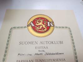 AK Suomen Autoklubi esittää parhaan tunnustuksensa ja myöntää ansiolevykkeensä.... -myöntökirja 12.10.1962, allekirjoitukset Erik von Frenckell, Lauri Viljanen