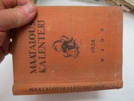Maatalouskalenteri 1938, sisältää monipuolisesti ja runsaasti taulukoita, tietoja maatalouteen liittyvistä aiheista, mainoksia ym. -agricultural calendar