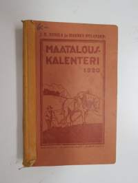 Maatalouskalenteri 1920, sisältää monipuolisesti ja runsaasti taulukoita, tietoja maatalouteen liittyvistä aiheista, mainoksia ym. -agricultural calendar