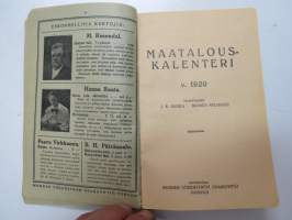Maatalouskalenteri 1920, sisältää monipuolisesti ja runsaasti taulukoita, tietoja maatalouteen liittyvistä aiheista, mainoksia ym. -agricultural calendar
