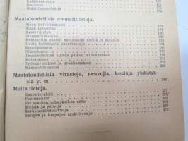 Maatalouskalenteri 1920, sisältää monipuolisesti ja runsaasti taulukoita, tietoja maatalouteen liittyvistä aiheista, mainoksia ym. -agricultural calendar