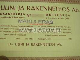 Oy Uuni ja rakenneteos Ab, Helsinki 1945, 5 000 mk -osakekirja