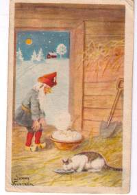 Jenny Nyströn. Tonttu  antaa  joulu puuroa talli kissalleNyrkkipostia.