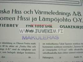 Suomen Hissi ja Lämpöjohto Oy, Helsinki, 1 000 mk -osakekirja