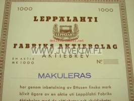 Leppälahti Oy, Helsinki 1932, 1 000 mk -osakekirja