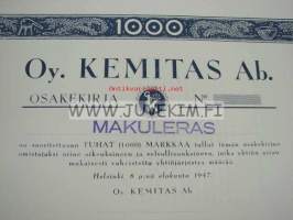 Oy Kemitas Ab, Helsinki 1947, 1 000 mk -osakekirja