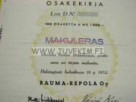 Rauma-Repola Oy, Helsinki 1952, 100 000 mk -osakekirja