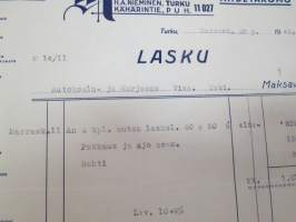 Lasihiomo Peilitehdas Metallitehdas Taidetakomo Kaune H.A. Nieminen, Turku 25.11.1949 - Autokoulu ja autokorjaamo Visa, Uusikaupunki -asiakirja / business document